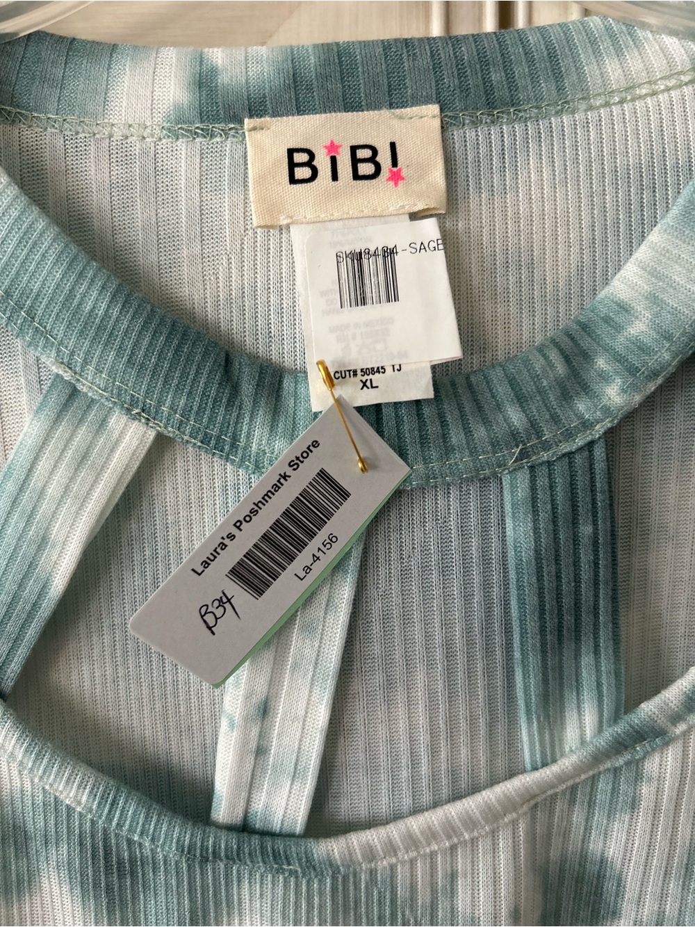 BiBi Teal and White Tie-Dye Ribbed Short Sleeve Top with Cutout Neck - Picture 6 of 6
